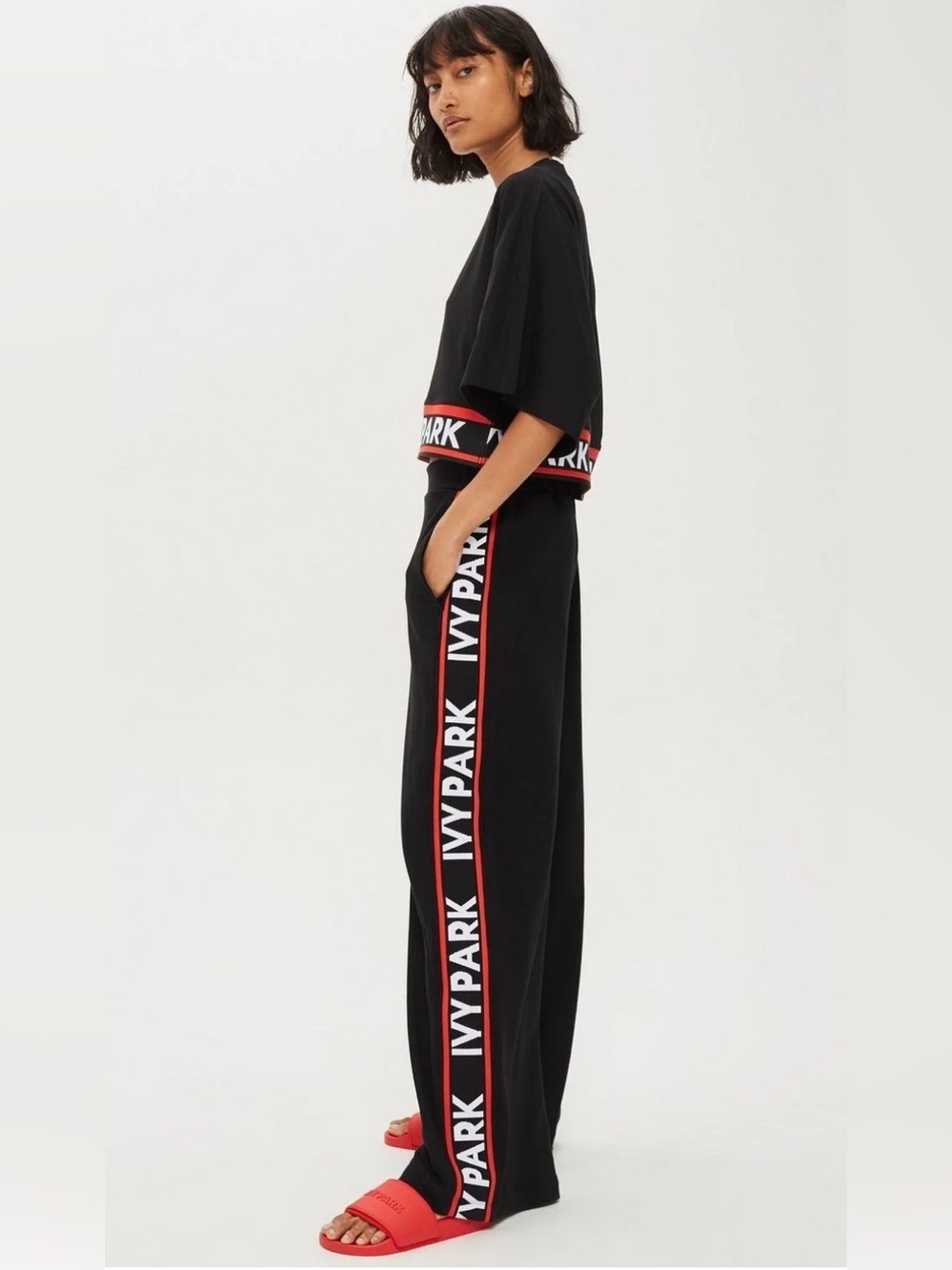 Ivy Park Flatknit Wide Jogger Black Red White Size Small oversized streetwear